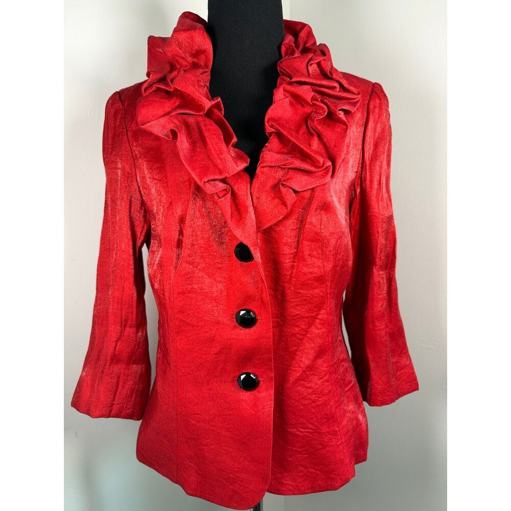 André Oliver Red Ruffle Collar Shimmer Jacket Blazer Size 6 Y2K Partycore
